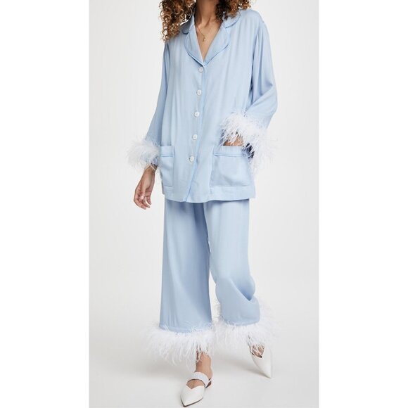 NWT $320 SLEEPER CORNFLOWER BLUE OSTRICH TRIM PARTY PAJAMA SET SIZE XS SOLD OUT! - Picture 2 of 14